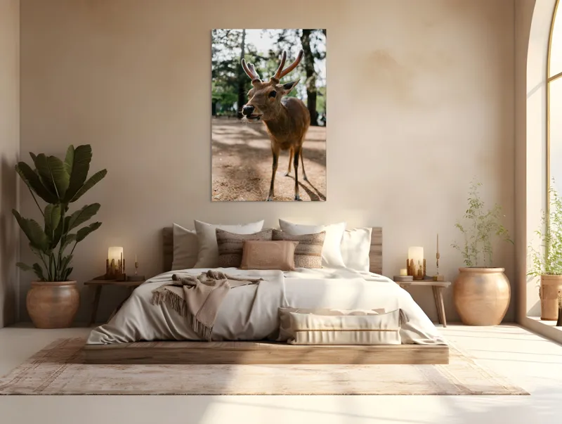 Tablou Canvas, "Misteriosul cerb în lumina pădurii", Cerb, Pădure, Soare, Iluminare, Coarne, Natură, Frunze, Umbră, Libertate, Privire, 100 x 150 cm – poza 3