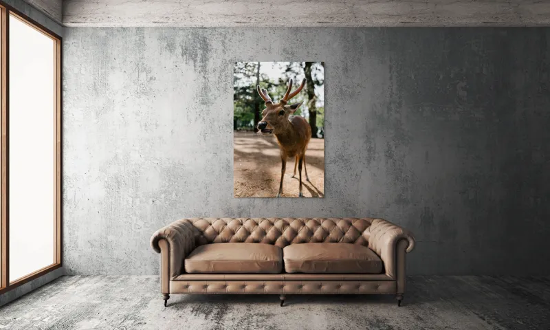 Tablou Canvas, "Misteriosul cerb în lumina pădurii", Cerb, Pădure, Soare, Iluminare, Coarne, Natură, Frunze, Umbră, Libertate, Privire, 100 x 150 cm – poza 6