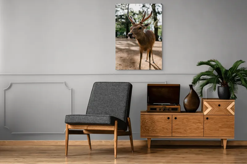 Tablou Canvas, "Misteriosul cerb în lumina pădurii", Cerb, Pădure, Soare, Iluminare, Coarne, Natură, Frunze, Umbră, Libertate, Privire, 70 x 100 cm – poza 6