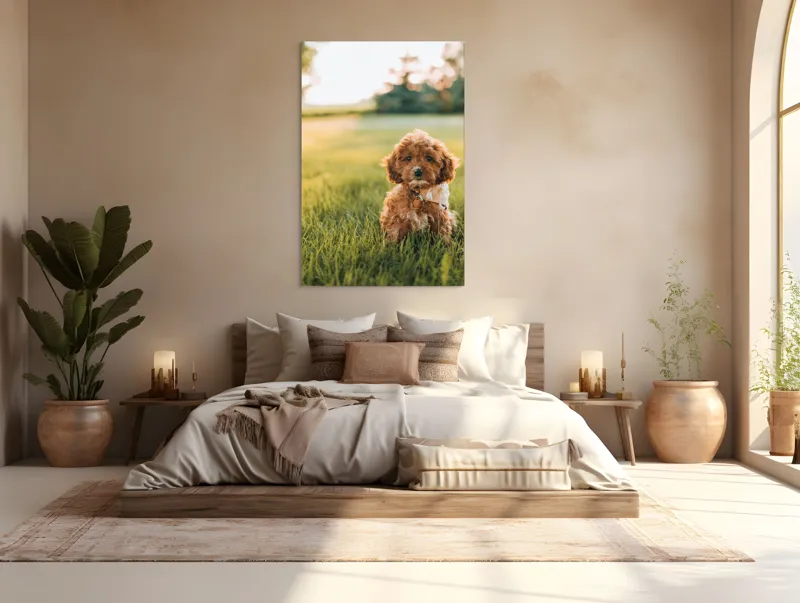 Tablou Canvas, "Pui de cățel în iarba deasă", Blănuri, Adorabil, Câmp, Apus, Relaxare, Prietenie, Natură, Jucăușenie, 100 x 150 cm – poza 3