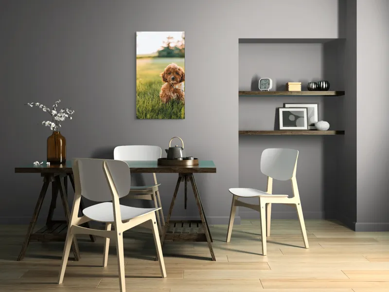 Tablou Canvas, "Pui de cățel în iarba deasă", Blănuri, Adorabil, Câmp, Apus, Relaxare, Prietenie, Natură, Jucăușenie, 50 x 90 cm – poza 4