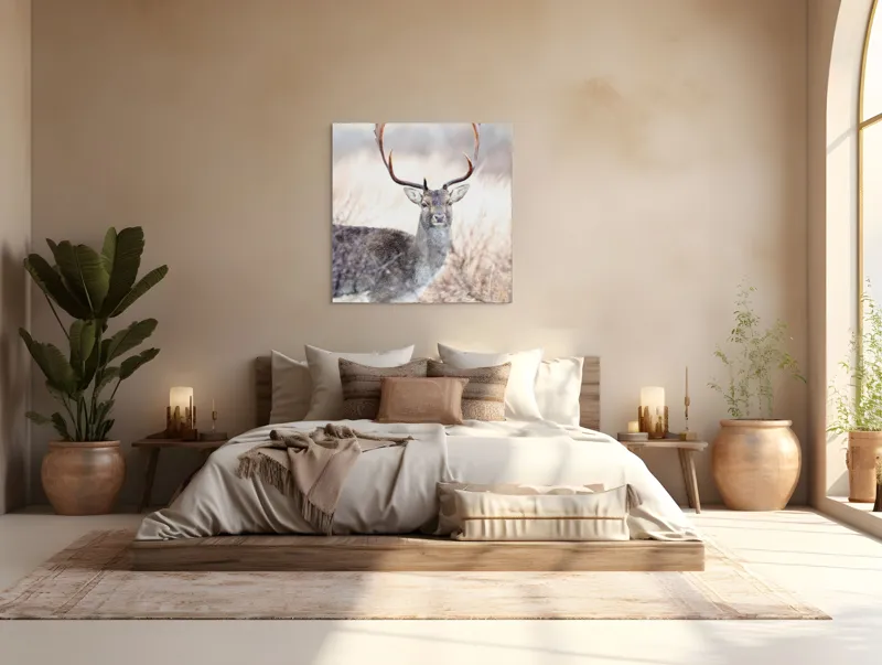 Tablou Canvas, "Cerbul solitar în lumina dimineții", Cerb, Majestic, Antlers, Natură, Frumusețe, Sălbatic, Peisaj, Eleganță, 100 x 100 cm – poza 4