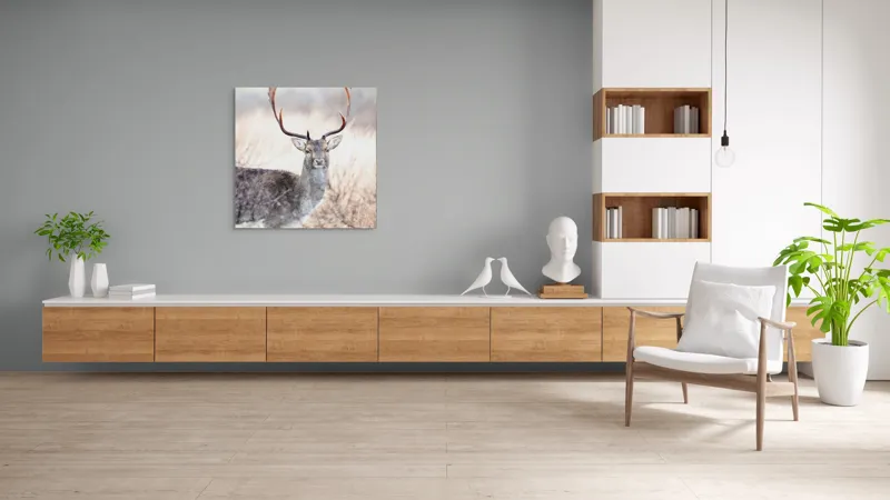 Tablou Canvas, "Cerbul solitar în lumina dimineții", Cerb, Majestic, Antlers, Natură, Frumusețe, Sălbatic, Peisaj, Eleganță, 100 x 100 cm – poza 8