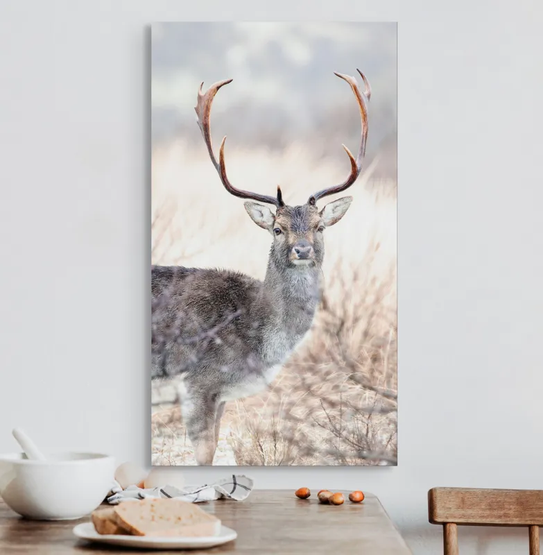 Tablou Canvas, "Cerbul solitar în lumina dimineții", Cerb, Majestic, Antlers, Natură, Frumusețe, Sălbatic, Peisaj, Eleganță, 50 x 90 cm – poza 3