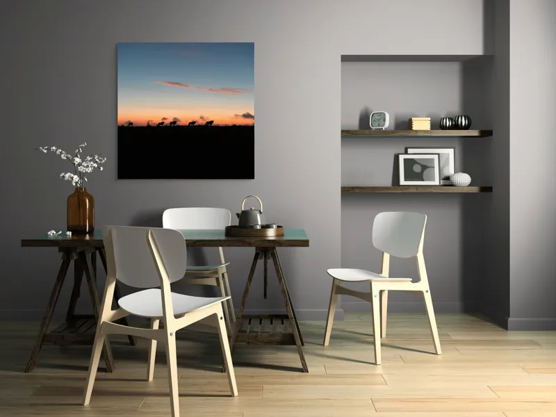 Tablou Canvas, "Turma de vite la apus", Silhouette, Apus, Nori, Pășune, Vaci, Cer, Lumină, Linie, Peisaj, Crepuscul, 100 x 100 cm – poza 6