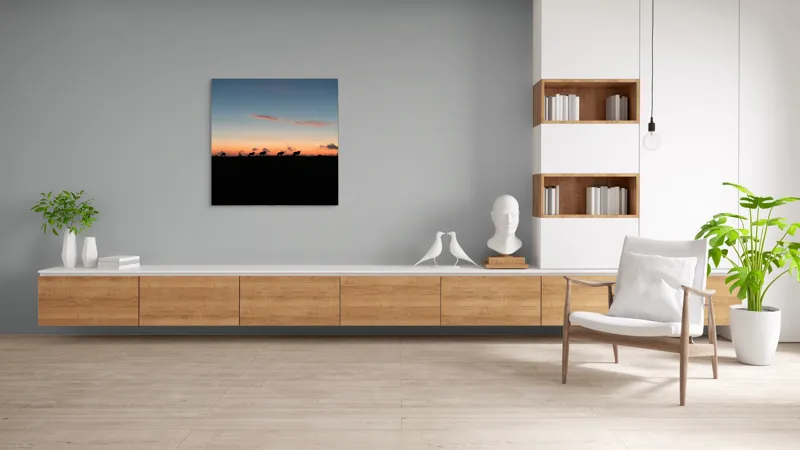 Tablou Canvas, "Turma de vite la apus", Silhouette, Apus, Nori, Pășune, Vaci, Cer, Lumină, Linie, Peisaj, Crepuscul, 100 x 100 cm – poza 8