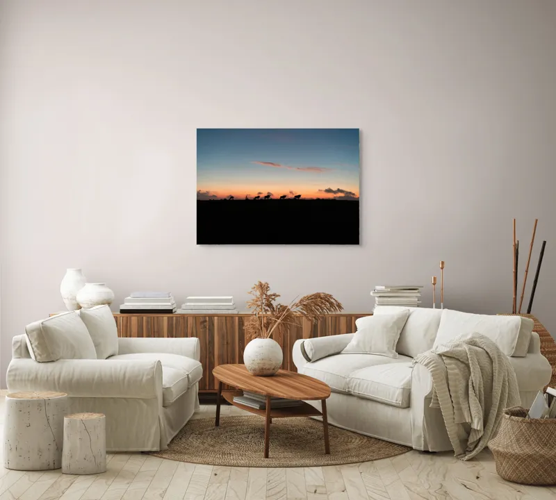 Tablou Canvas, "Turma de vite la apus", Silhouette, Apus, Nori, Pășune, Vaci, Cer, Lumină, Linie, Peisaj, Crepuscul, 100 x 70 cm – poza 3