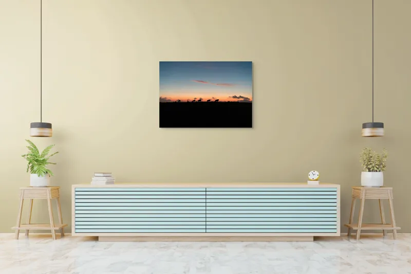 Tablou Canvas, "Turma de vite la apus", Silhouette, Apus, Nori, Pășune, Vaci, Cer, Lumină, Linie, Peisaj, Crepuscul, 100 x 70 cm – poza 4