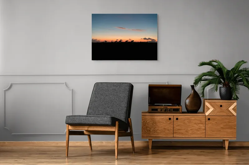 Tablou Canvas, "Turma de vite la apus", Silhouette, Apus, Nori, Pășune, Vaci, Cer, Lumină, Linie, Peisaj, Crepuscul, 100 x 70 cm – poza 8