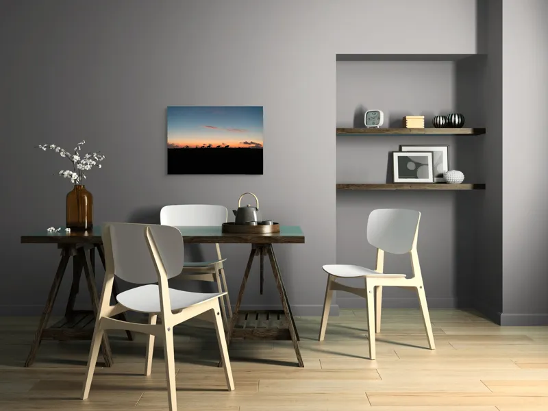 Tablou Canvas, "Turma de vite la apus", Silhouette, Apus, Nori, Pășune, Vaci, Cer, Lumină, Linie, Peisaj, Crepuscul, 70 x 50 cm – poza 5