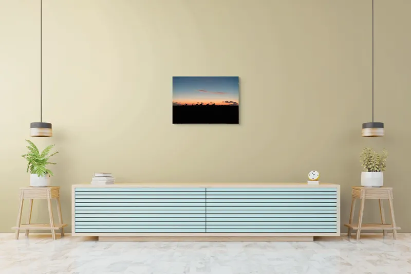 Tablou Canvas, "Turma de vite la apus", Silhouette, Apus, Nori, Pășune, Vaci, Cer, Lumină, Linie, Peisaj, Crepuscul, 70 x 50 cm – poza 7