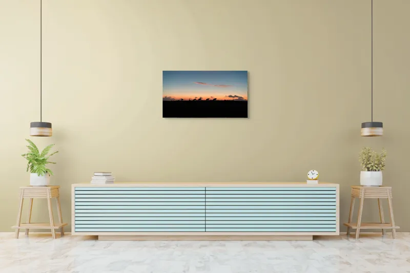 Tablou Canvas, "Turma de vite la apus", Silhouette, Apus, Nori, Pășune, Vaci, Cer, Lumină, Linie, Peisaj, Crepuscul, 90 x 50 cm – poza 5