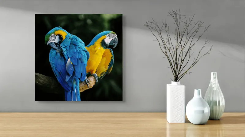 Tablou Canvas, "Papagalii în culorile prieteniei vii", Pene, Papagali, Culori, Tropical, Frunze, 50 x 50 cm – poza 3