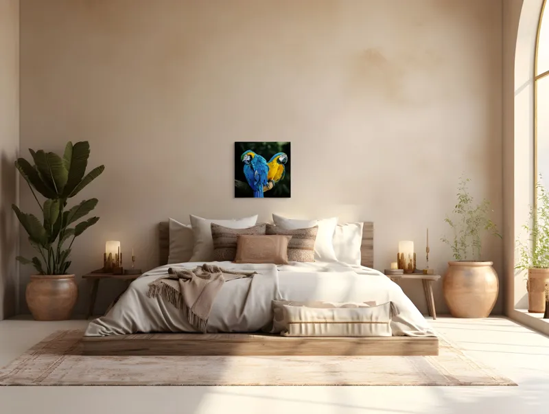 Tablou Canvas, "Papagalii în culorile prieteniei vii", Pene, Papagali, Culori, Tropical, Frunze, 50 x 50 cm – poza 5