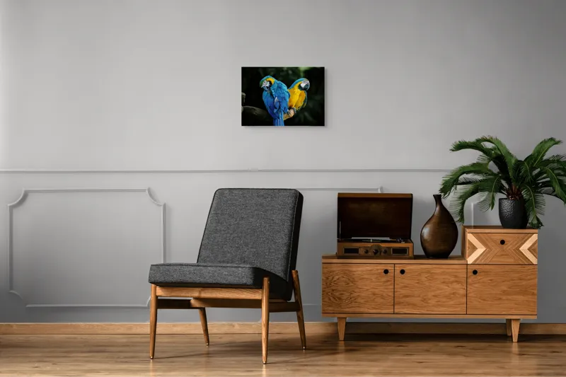 Tablou Canvas, "Papagalii în culorile prieteniei vii", Pene, Papagali, Culori, Tropical, Frunze, 54 x 39 cm – poza 7