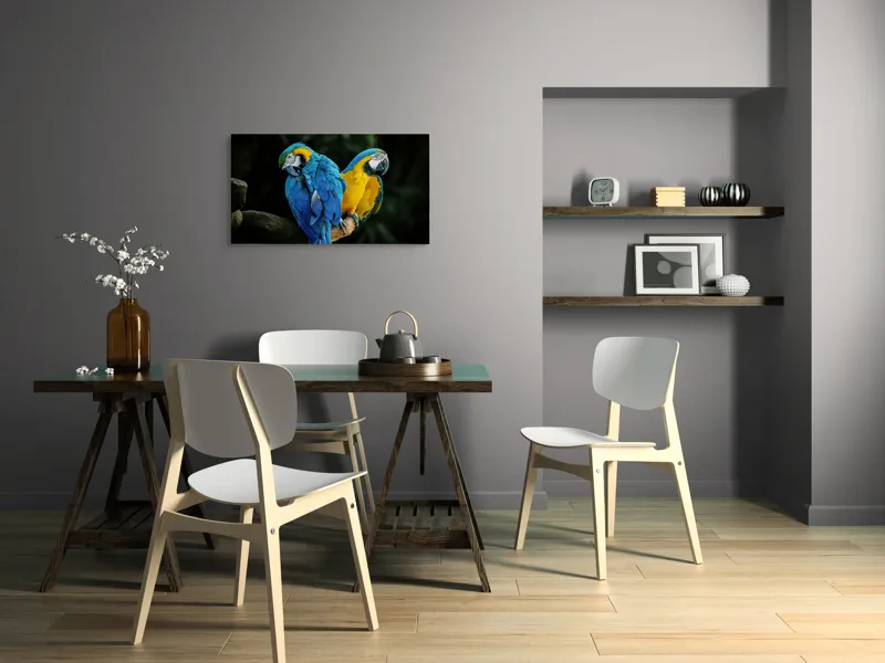 Tablou Canvas, "Papagalii în culorile prieteniei vii", Pene, Papagali, Culori, Tropical, Frunze, 90 x 50 cm – poza 3