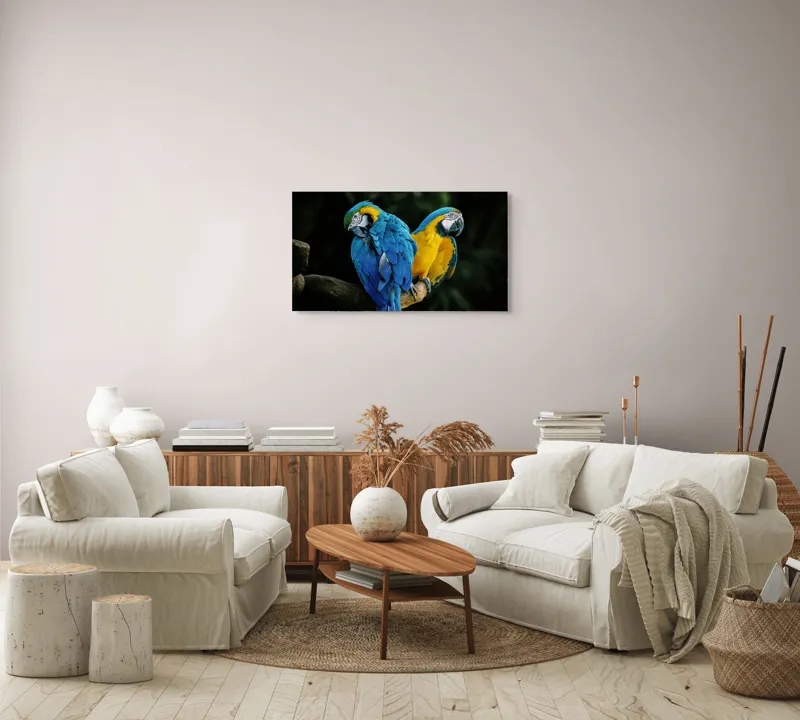 Tablou Canvas, "Papagalii în culorile prieteniei vii", Pene, Papagali, Culori, Tropical, Frunze, 90 x 50 cm – poza 4