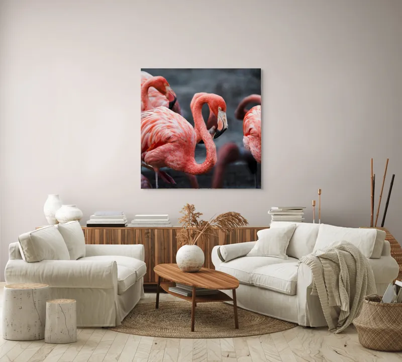 Tablou Canvas, "Flamingo grațiosi în dansul dimineții", Grație, Eleganță, Roz, Pene, Flamingo, Natură, Calm, Frumusețe, Armonie, Culoare, 100 x 100 cm – poza 3