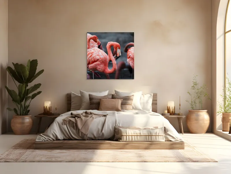 Tablou Canvas, "Flamingo grațiosi în dansul dimineții", Grație, Eleganță, Roz, Pene, Flamingo, Natură, Calm, Frumusețe, Armonie, Culoare, 100 x 100 cm – poza 4