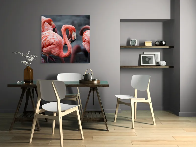Tablou Canvas, "Flamingo grațiosi în dansul dimineții", Grație, Eleganță, Roz, Pene, Flamingo, Natură, Calm, Frumusețe, Armonie, Culoare, 100 x 100 cm – poza 6