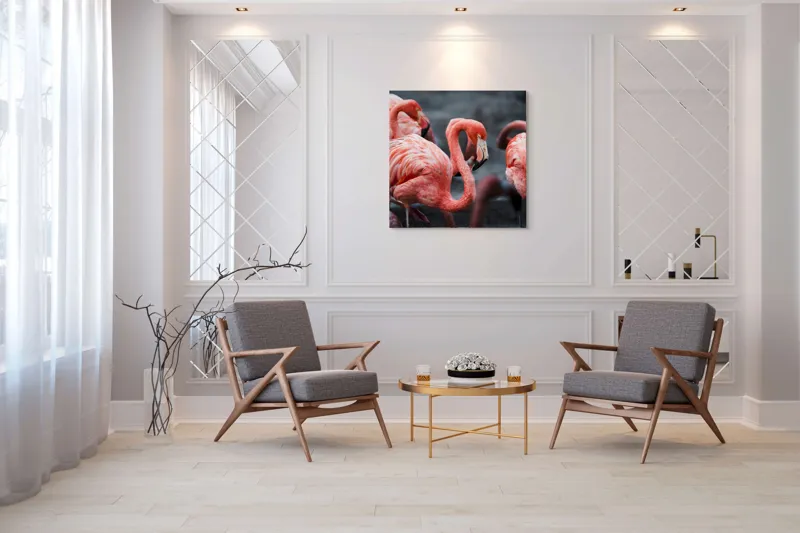 Tablou Canvas, "Flamingo grațiosi în dansul dimineții", Grație, Eleganță, Roz, Pene, Flamingo, Natură, Calm, Frumusețe, Armonie, Culoare, 100 x 100 cm – poza 7