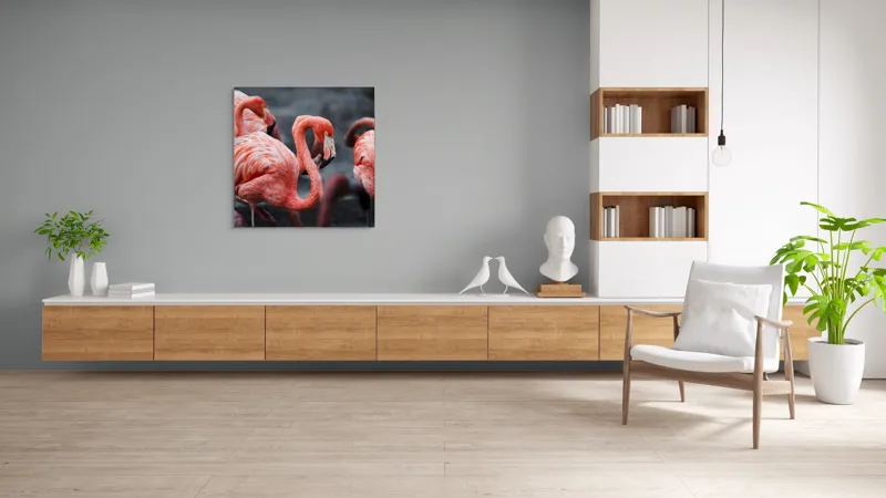 Tablou Canvas, "Flamingo grațiosi în dansul dimineții", Grație, Eleganță, Roz, Pene, Flamingo, Natură, Calm, Frumusețe, Armonie, Culoare, 100 x 100 cm – poza 8
