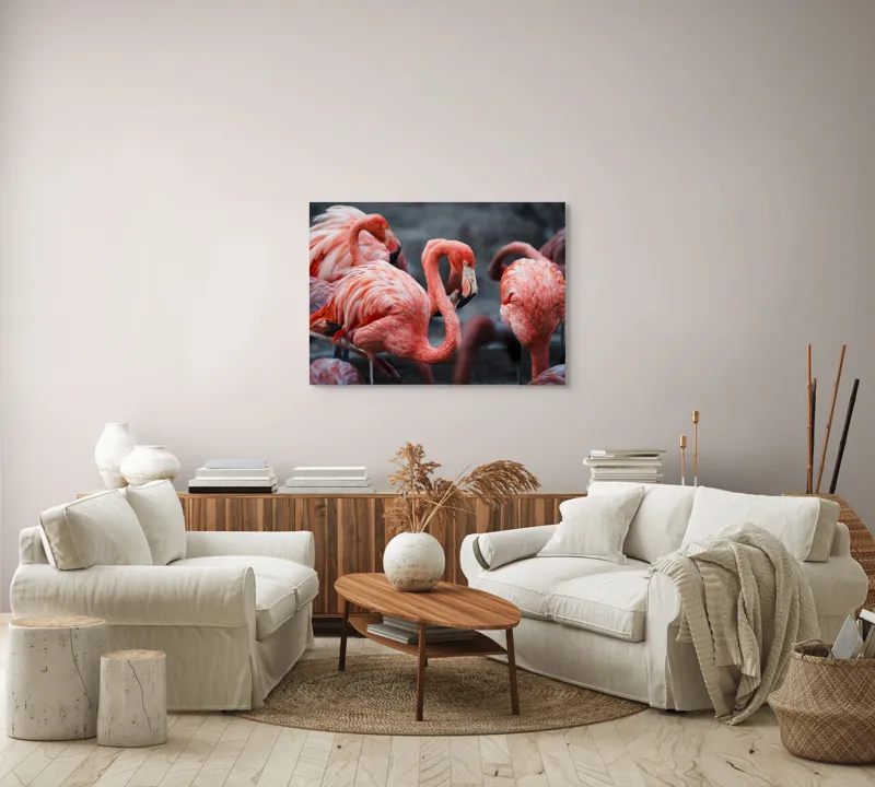 Tablou Canvas, "Flamingo grațiosi în dansul dimineții", Grație, Eleganță, Roz, Pene, Flamingo, Natură, Calm, Frumusețe, Armonie, Culoare, 100 x 70 cm – poza 3