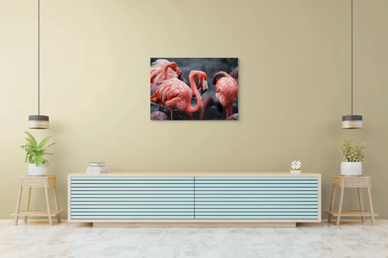 Tablou Canvas, "Flamingo grațiosi în dansul dimineții", Grație, Eleganță, Roz, Pene, Flamingo, Natură, Calm, Frumusețe, Armonie, Culoare, 100 x 70 cm – poza 4
