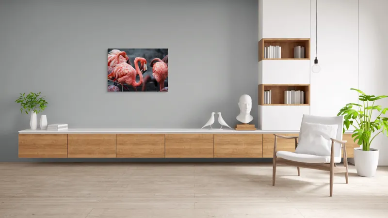 Tablou Canvas, "Flamingo grațiosi în dansul dimineții", Grație, Eleganță, Roz, Pene, Flamingo, Natură, Calm, Frumusețe, Armonie, Culoare, 100 x 70 cm – poza 6