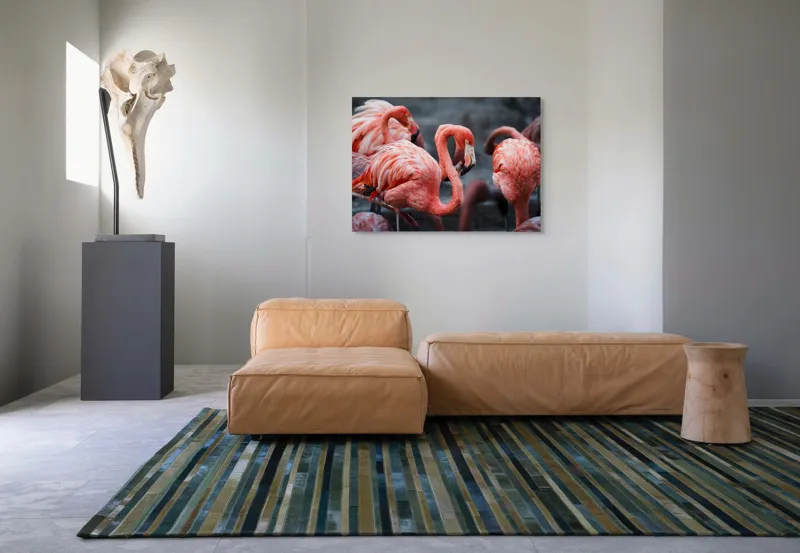 Tablou Canvas, "Flamingo grațiosi în dansul dimineții", Grație, Eleganță, Roz, Pene, Flamingo, Natură, Calm, Frumusețe, Armonie, Culoare, 100 x 70 cm – poza 7