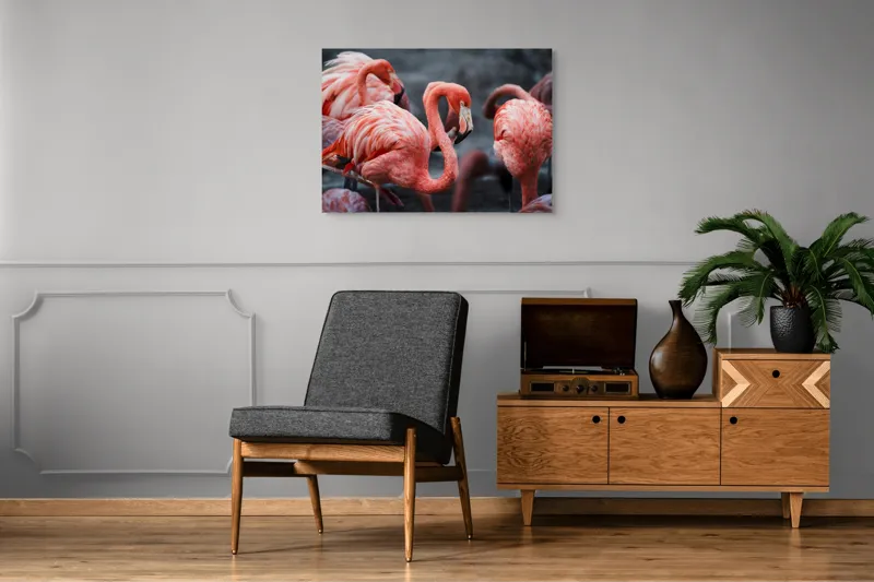 Tablou Canvas, "Flamingo grațiosi în dansul dimineții", Grație, Eleganță, Roz, Pene, Flamingo, Natură, Calm, Frumusețe, Armonie, Culoare, 100 x 70 cm – poza 8