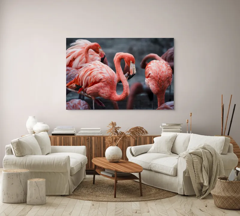 Tablou Canvas, "Flamingo grațiosi în dansul dimineții", Grație, Eleganță, Roz, Pene, Flamingo, Natură, Calm, Frumusețe, Armonie, Culoare, 150 x 100 cm – poza 3