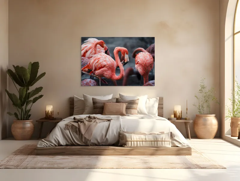 Tablou Canvas, "Flamingo grațiosi în dansul dimineții", Grație, Eleganță, Roz, Pene, Flamingo, Natură, Calm, Frumusețe, Armonie, Culoare, 150 x 100 cm – poza 4