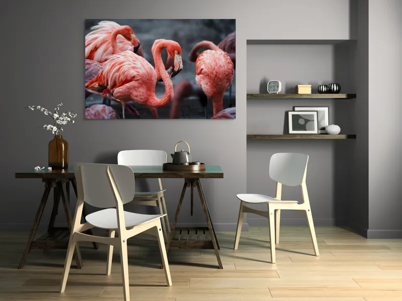 Tablou Canvas, "Flamingo grațiosi în dansul dimineții", Grație, Eleganță, Roz, Pene, Flamingo, Natură, Calm, Frumusețe, Armonie, Culoare, 150 x 100 cm – poza 5