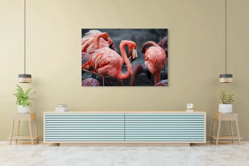 Tablou Canvas, "Flamingo grațiosi în dansul dimineții", Grație, Eleganță, Roz, Pene, Flamingo, Natură, Calm, Frumusețe, Armonie, Culoare, 150 x 100 cm – poza 6