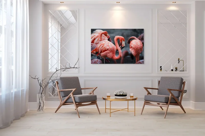 Tablou Canvas, "Flamingo grațiosi în dansul dimineții", Grație, Eleganță, Roz, Pene, Flamingo, Natură, Calm, Frumusețe, Armonie, Culoare, 150 x 100 cm – poza 7