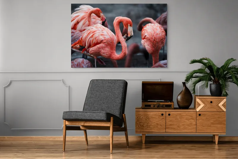 Tablou Canvas, "Flamingo grațiosi în dansul dimineții", Grație, Eleganță, Roz, Pene, Flamingo, Natură, Calm, Frumusețe, Armonie, Culoare, 150 x 100 cm – poza 8