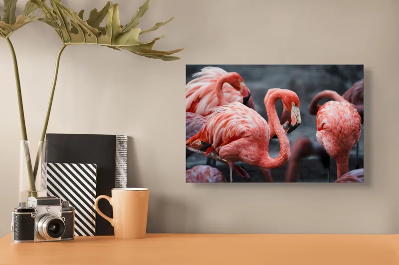 Tablou Canvas, "Flamingo grațiosi în dansul dimineții", Grație, Eleganță, Roz, Pene, Flamingo, Natură, Calm, Frumusețe, Armonie, Culoare, 39 x 26 cm – poza 3
