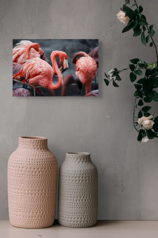 Tablou Canvas, "Flamingo grațiosi în dansul dimineții", Grație, Eleganță, Roz, Pene, Flamingo, Natură, Calm, Frumusețe, Armonie, Culoare, 39 x 26 cm – poza 4
