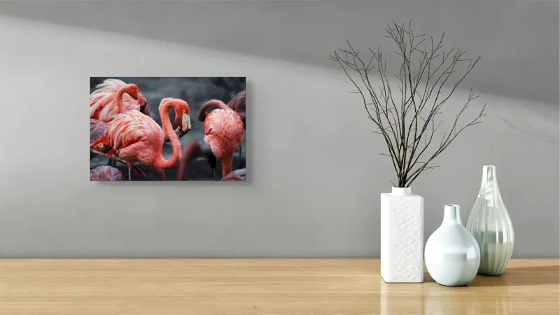 Tablou Canvas, "Flamingo grațiosi în dansul dimineții", Grație, Eleganță, Roz, Pene, Flamingo, Natură, Calm, Frumusețe, Armonie, Culoare, 39 x 26 cm – poza 8