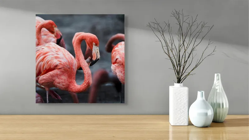 Tablou Canvas, "Flamingo grațiosi în dansul dimineții", Grație, Eleganță, Roz, Pene, Flamingo, Natură, Calm, Frumusețe, Armonie, Culoare, 50 x 50 cm – poza 3