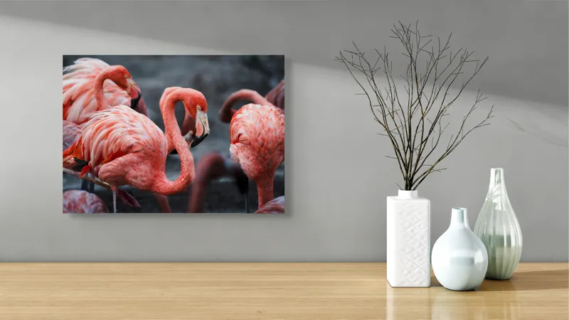 Tablou Canvas, "Flamingo grațiosi în dansul dimineții", Grație, Eleganță, Roz, Pene, Flamingo, Natură, Calm, Frumusețe, Armonie, Culoare, 54 x 39 cm – poza 3