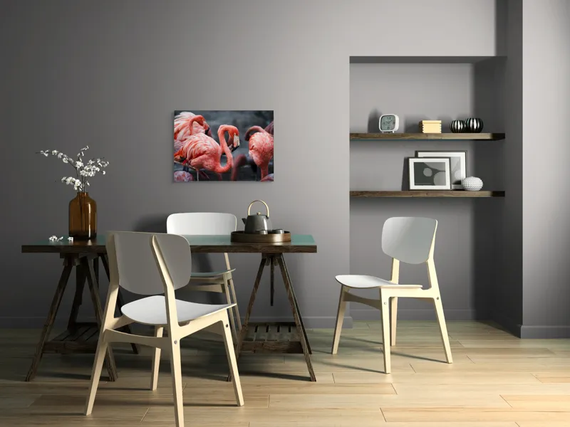 Tablou Canvas, "Flamingo grațiosi în dansul dimineții", Grație, Eleganță, Roz, Pene, Flamingo, Natură, Calm, Frumusețe, Armonie, Culoare, 70 x 50 cm – poza 5
