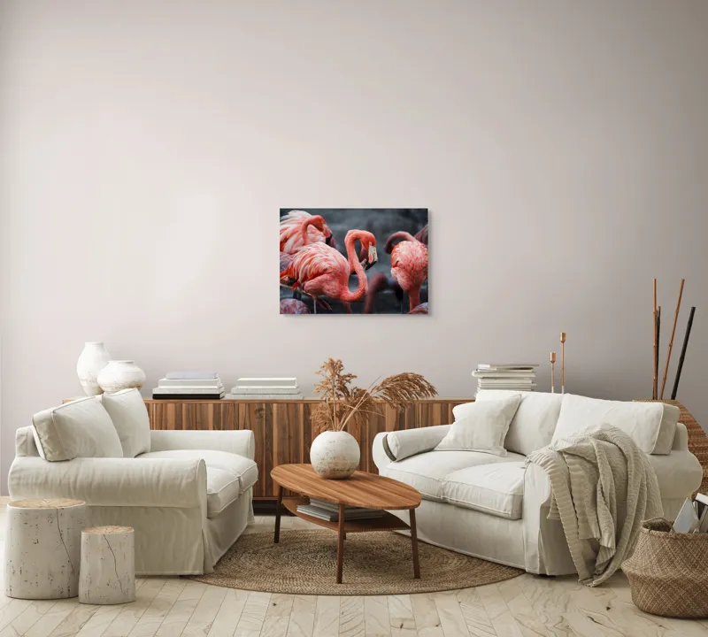 Tablou Canvas, "Flamingo grațiosi în dansul dimineții", Grație, Eleganță, Roz, Pene, Flamingo, Natură, Calm, Frumusețe, Armonie, Culoare, 70 x 50 cm – poza 6
