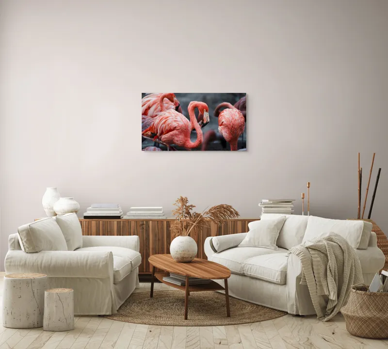 Tablou Canvas, "Flamingo grațiosi în dansul dimineții", Grație, Eleganță, Roz, Pene, Flamingo, Natură, Calm, Frumusețe, Armonie, Culoare, 90 x 50 cm – poza 4
