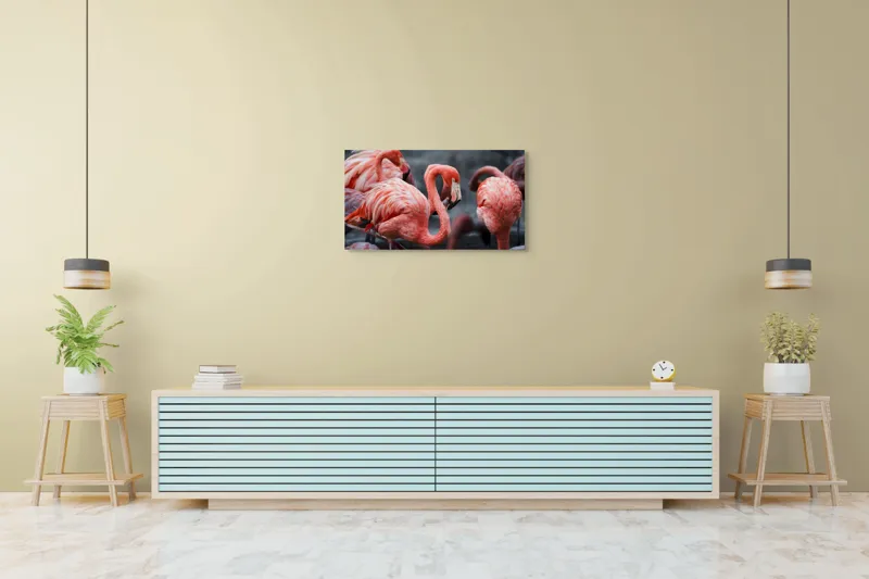 Tablou Canvas, "Flamingo grațiosi în dansul dimineții", Grație, Eleganță, Roz, Pene, Flamingo, Natură, Calm, Frumusețe, Armonie, Culoare, 90 x 50 cm – poza 5