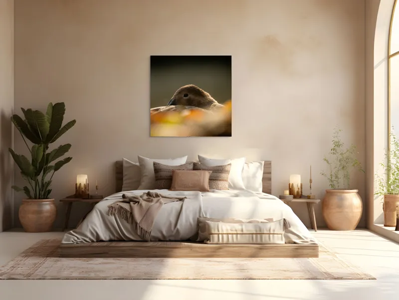 Tablou Canvas, "Vis de toamnă al raței somnoroase", Rață, Odihnă, Auriu, Umbră, Toamnă, Calm, Lumină, Natură, 100 x 100 cm – poza 4