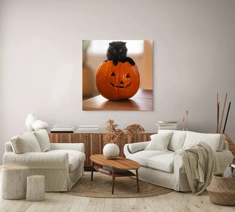Tablou Canvas, "Pisoi curios într-un dovleac sculptat", Felina, Dovleac, Negru, Drăgălaș, Halloween, Lumină, Mobilier, Blană, Fereastră, Bucurie, 100 x 100 cm – poza 3