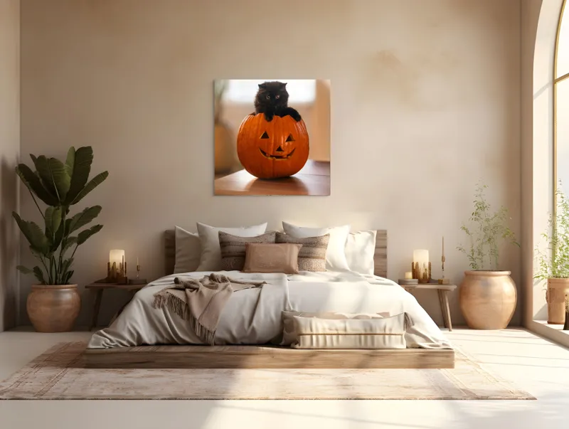 Tablou Canvas, "Pisoi curios într-un dovleac sculptat", Felina, Dovleac, Negru, Drăgălaș, Halloween, Lumină, Mobilier, Blană, Fereastră, Bucurie, 100 x 100 cm – poza 4