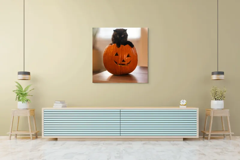 Tablou Canvas, "Pisoi curios într-un dovleac sculptat", Felina, Dovleac, Negru, Drăgălaș, Halloween, Lumină, Mobilier, Blană, Fereastră, Bucurie, 100 x 100 cm – poza 5